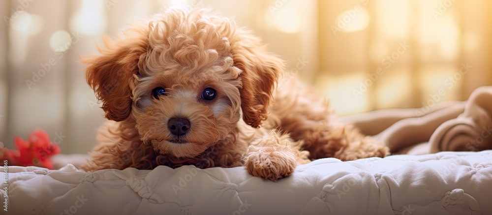 Aufkleber a little poodle puppy lies on a bedspread while going for a walk showcasing its cute and adorable na