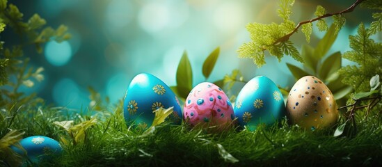 High quality photo of Easter eggs surrounded by greenery providing copy space for text promo or message effectively conveying the concept of Easter greetings or sale