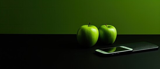 A copy space image featuring a sleek black phone placed alongside a black computer adorned with a vibrant green apple