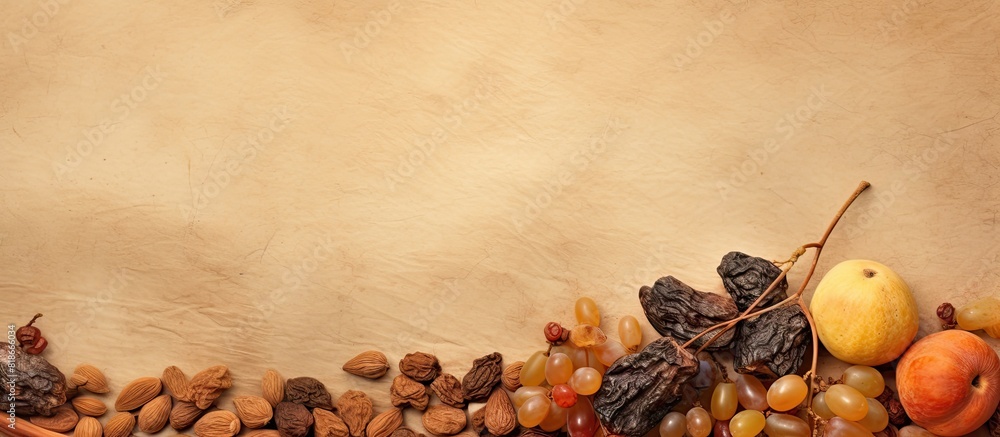 Aufkleber An image featuring a copy space displaying a textured background of aged paper adorned with dried fruit
