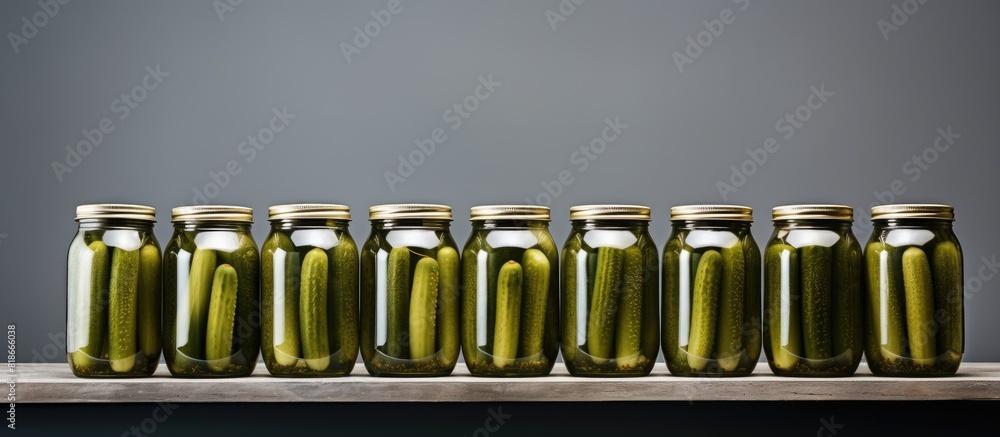 Poster A close up view of a gray background with a bank of pickled cucumbers and plenty of space for text or images. with copy space image. Place for adding text or design