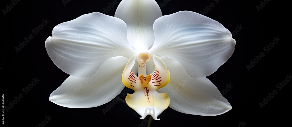 Poster close up of a macro shot of a white orchid flower with copy space image