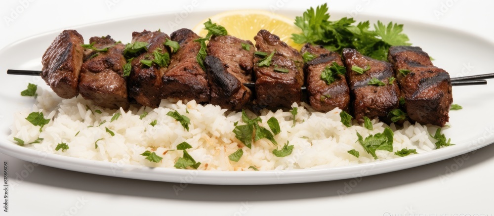 Poster a close up shot of a delicious grilled lamb kebab with rice and herbs served on a simple plate the t