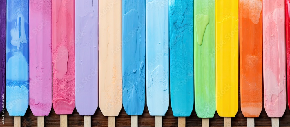 Poster colorful summer background created using recycled wooden ice cream sticks featuring a vibrant rainbo