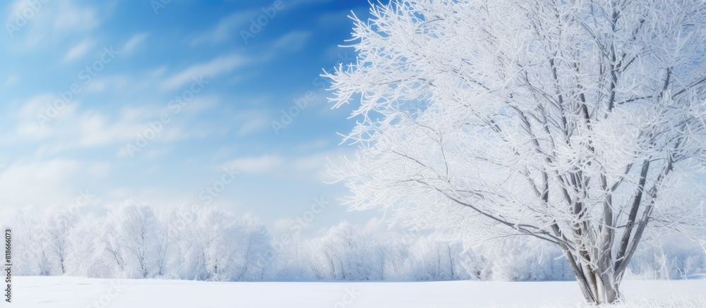 Poster a picturesque winter scene with snow covered tree branches against a clear blue sky on a sunny frost