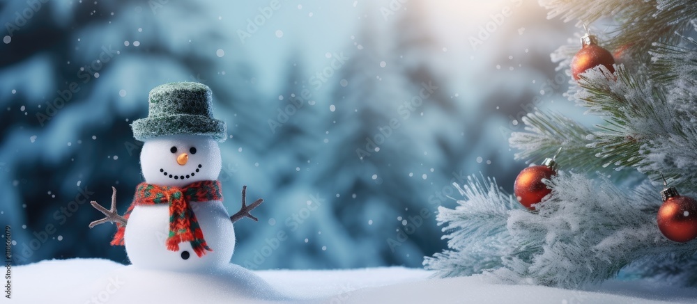Poster decorative christmas snowman toy and a branch from a fir tree serve as festive decorations in this x