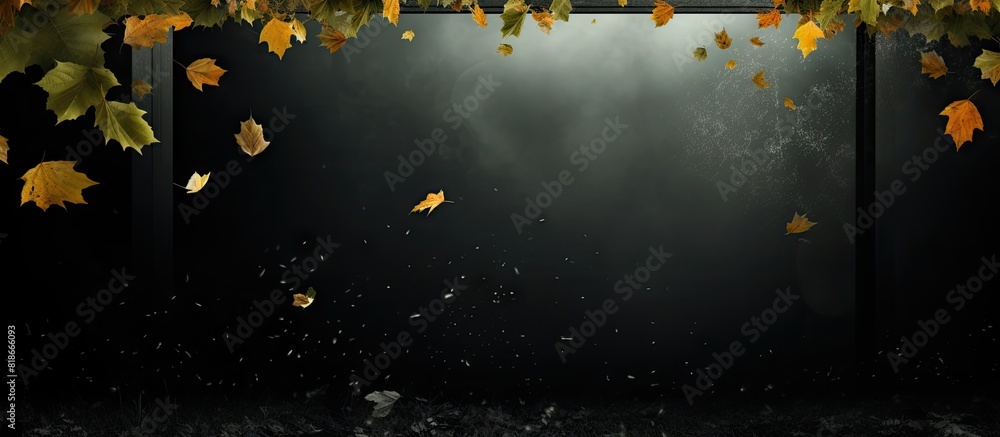 Poster a frame showcasing a falling leaf with ample space for copy in the image