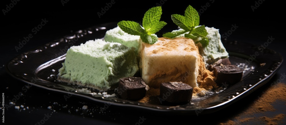 Poster copy space image of a black plate adorned with halva pieces a delightful turkish dessert complemente