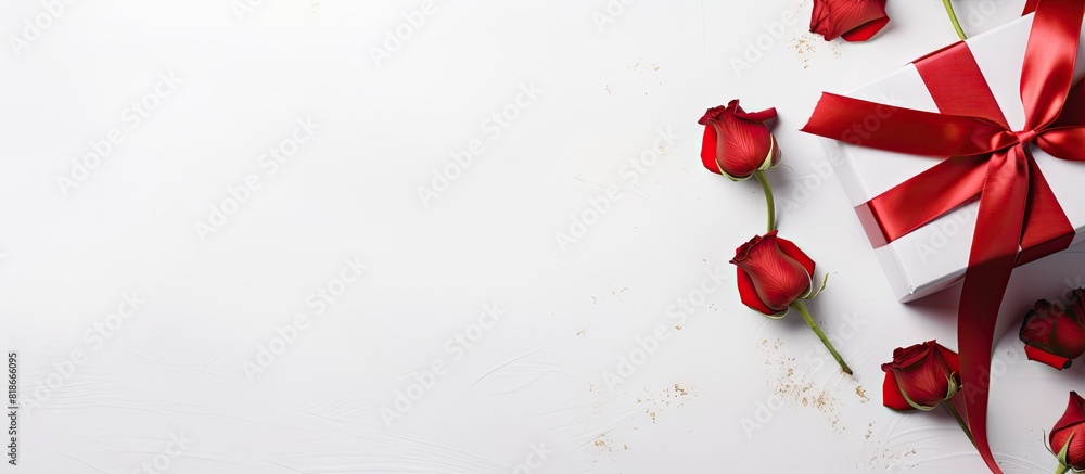 Poster flat lay image of a stunning gift box adorned with a bow and red roses set against a white backdrop 