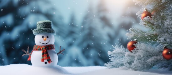 Decorative Christmas snowman toy and a branch from a fir tree serve as festive decorations in this Xmas greeting card featuring copy space for personalized greetings - Powered by Adobe