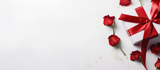 Flat lay image of a stunning gift box adorned with a bow and red roses set against a white backdrop Ample copy space available