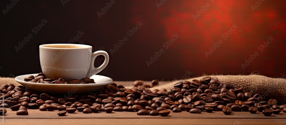 Poster on the table there is a copy space image of a coffee cup accompanied by a pile of coffee beans