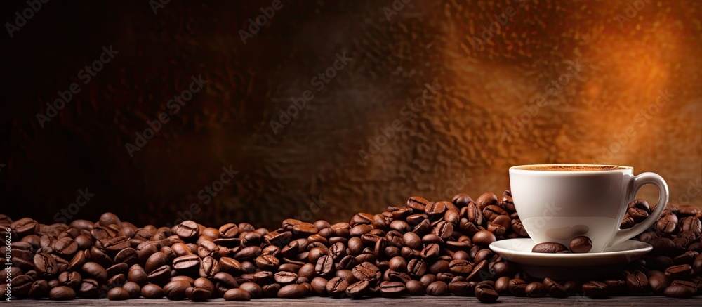 Poster An old background with coffee beans serves as the backdrop for a cup of coffee The image has ample copy space