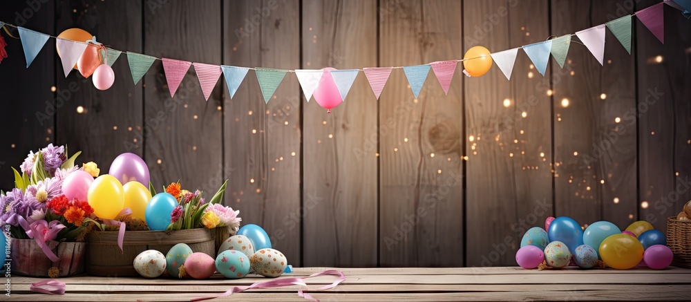 Poster a festive easter scene with a basket filled with colorful eggs and flowers on a wooden floor surroun