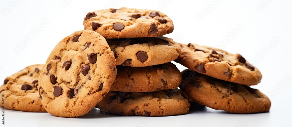 Poster a copy space image of chocolate chip cookies against a white background