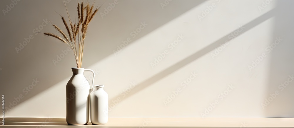 Poster A minimalistic home decoration with a bottle displaying a bouquet of wheat spikelets on a table The light casts strong shadows emphasizing the empty white frame for text Perfect for showcasing a copy