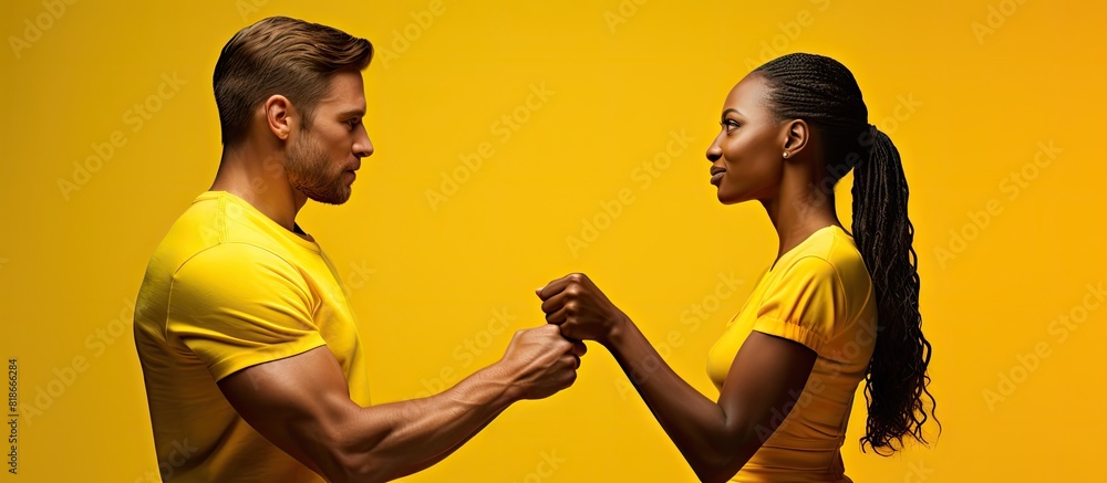 Poster interracial friendship portrayed as two young people bumping fists under a vibrant yellow background