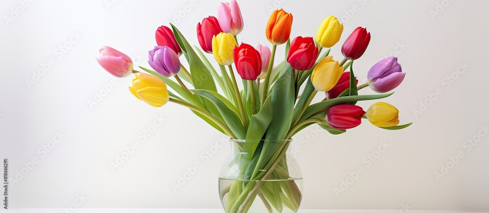 Poster bright and beautiful multicolored tulip bouquet in a vase set against a white background this copy s