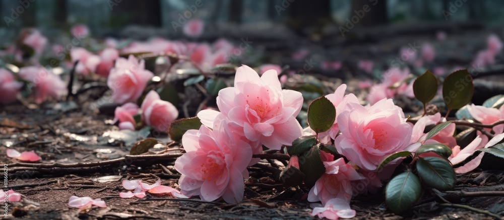 Poster camellia flowers fallen on the ground captured in a copy space image