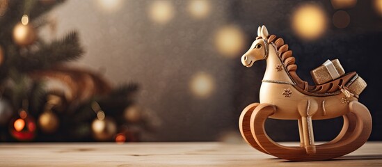 A festive Christmas scene featuring a wooden toy rocking horse in a composition with plenty of copy space for images