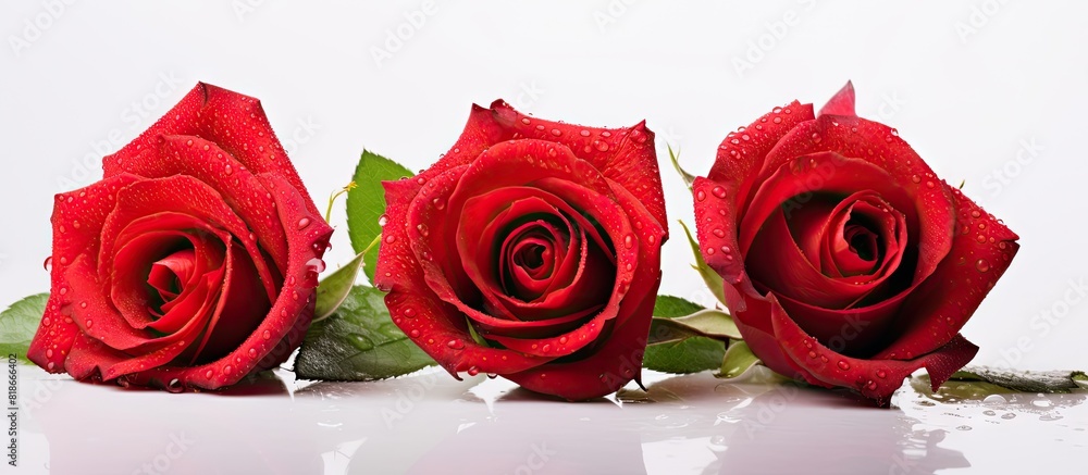 Poster close up copy space image of three vibrant red roses with raindrops on their petals set against a wh