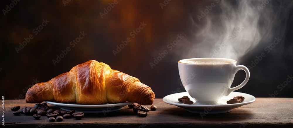 Poster A captivating and atmospheric image showcases a pair of croissants and a steaming cup of coffee with an intriguing and mysterious ambiance Copy space image
