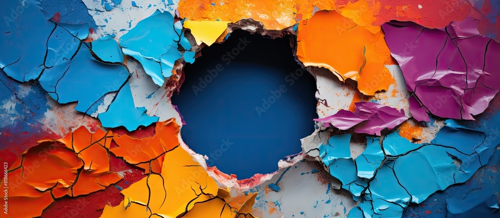 Poster colorful torn paper with a hole providing copy space for the image