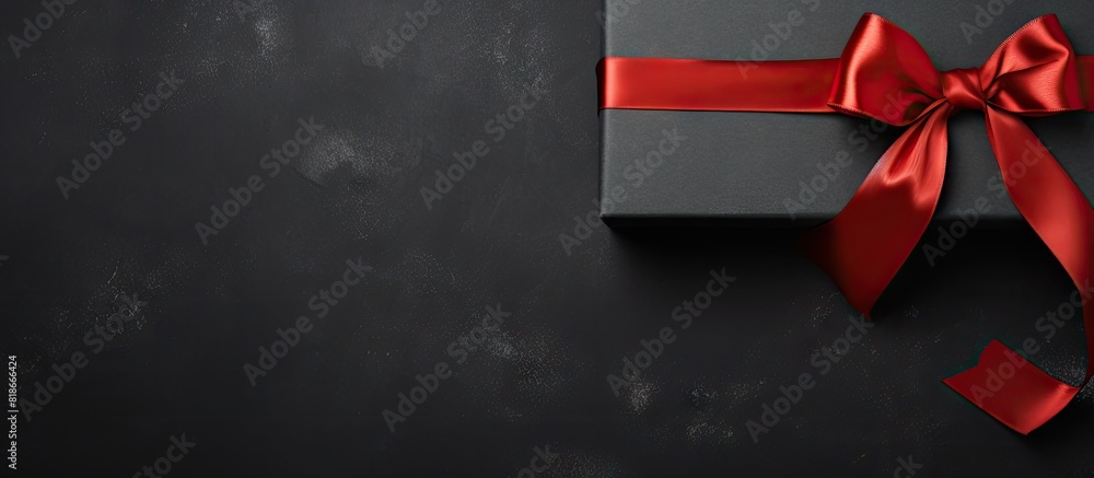 Poster A black Friday sale with a red bow presents itself on a dark background The image is captured from a top down perspective showcasing a flat layout with ample space for text or advertising