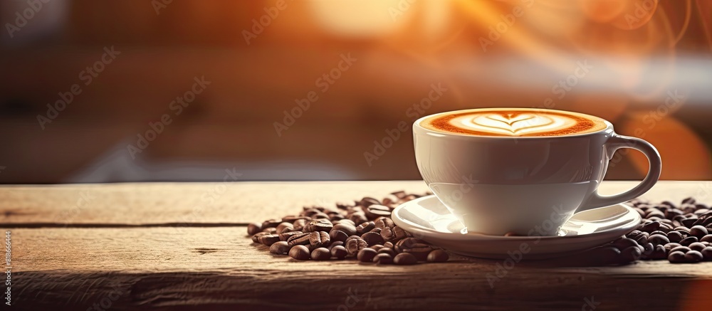 Poster morning coffee with latte art and coffee beans on a wooden table bathed in sunlight creating a capti