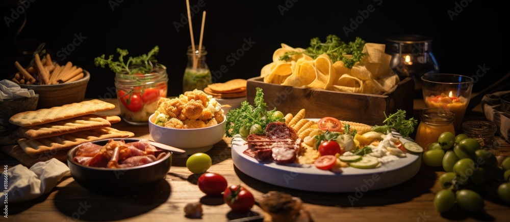 Poster a close up image of a variety of snacks and light dishes arranged on a dinner table providing ample 