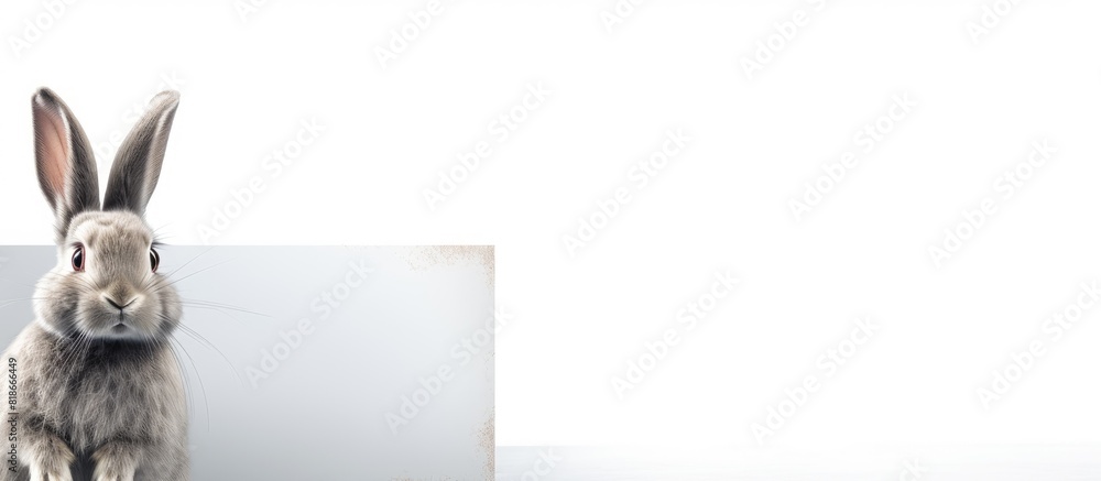Poster easter bunny with gray fur gazing at the signboard on a white background copy space image