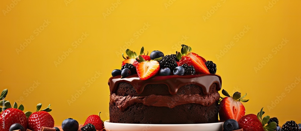 Poster a delicious chocolate cake adorned with fresh strawberries cherries and blueberries presented on a b