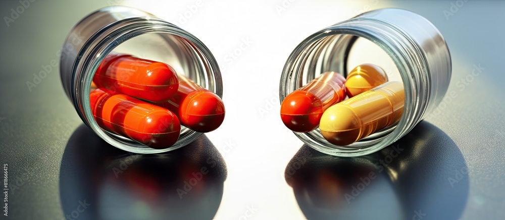 Poster open two colored medication capsule with loose contents copy space image