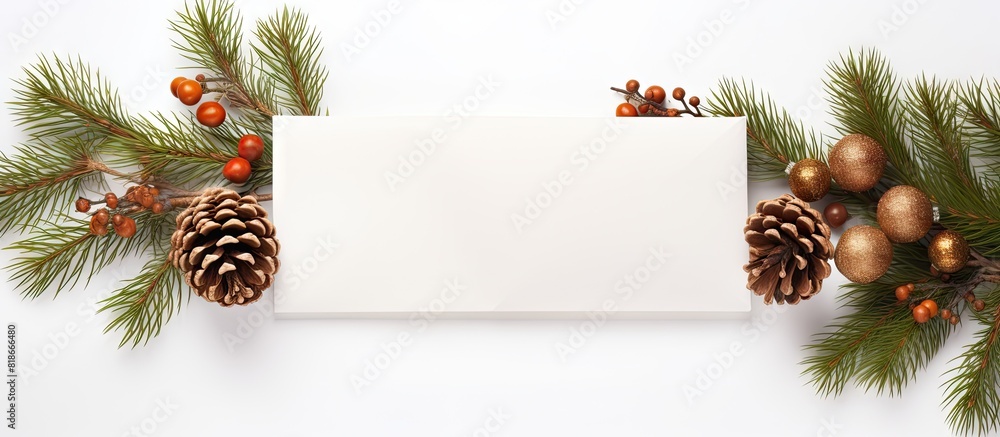Poster a kraft envelope featuring a festive pine branch adorned with cones balls and gifts the background i