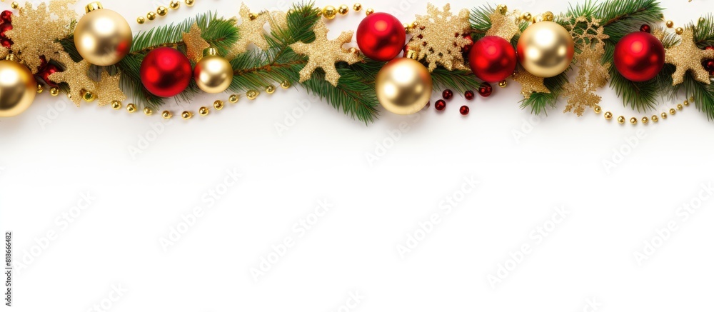 Poster top view of a festive christmas border featuring gold decor green branches red holly berries and bau