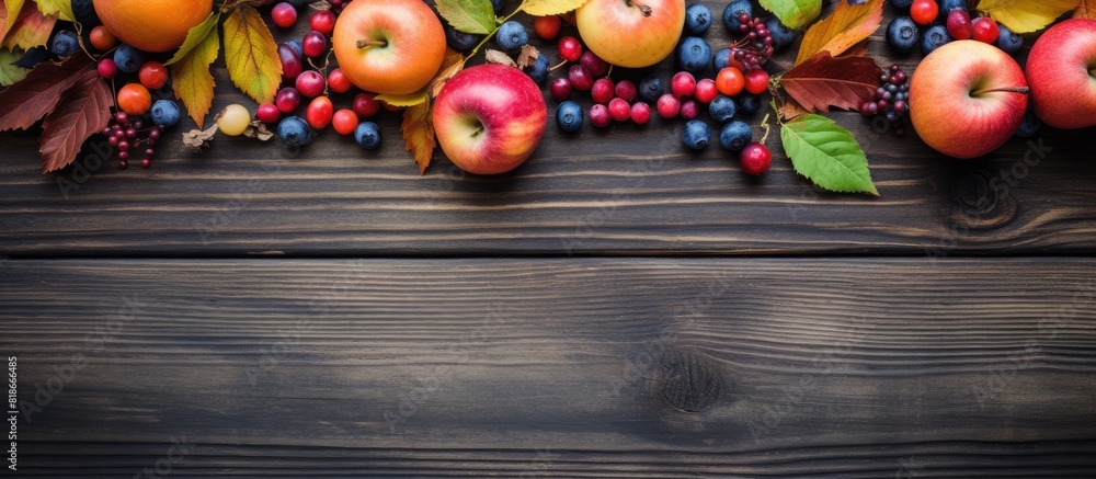 Aufkleber autumn themed background with berries apples and vibrant leaves on a wooden backdrop creating a copy