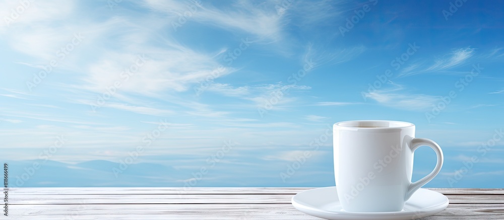 Poster a white coffee cup is placed on a wooden table against the backdrop of a clear blue sky and fluffy c