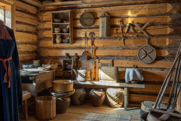 Kitchen utensils in an old wooden house. Antique tableware and household items on the wall of a...
