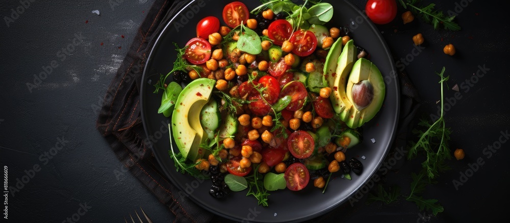 Poster a top down view of a black plate containing a delicious salad with avocado roasted tomato greens and