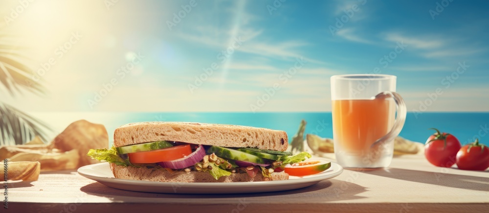 Poster enjoying a delicious sandwich for lunch at the cafe with a beautiful copy space image