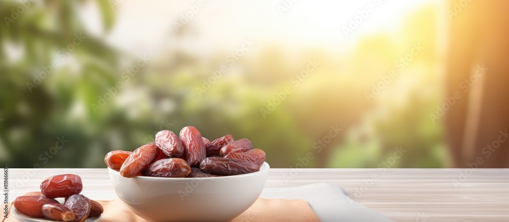 Aufkleber A bowl of sweet dried dates is placed on a table with a blurred background providing ample copy space for images