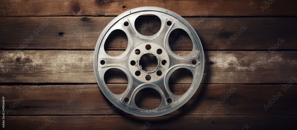 Poster Top view of a movie reel on a wooden background featuring ample space for text creating a copy space image perfect for cinema production