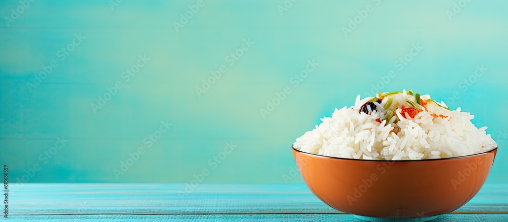 Poster a delicious bowl of cooked rice placed on a colorful background with room for text copy space image