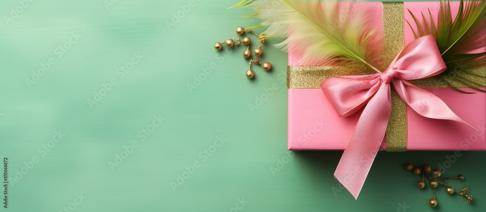 Poster a minimal easter gift idea a green paper package adorned with a pink ribbon and a cute easter bunny 