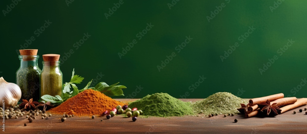 Aufkleber The green background offers a perfect setting for displaying fresh seasoning and spices providing a visually pleasing copy space image