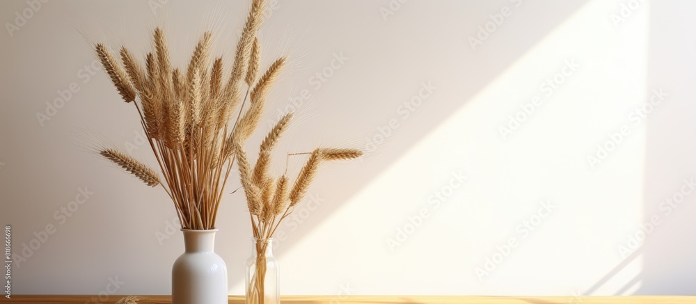 Aufkleber A minimalistic home decoration with a bottle displaying a bouquet of wheat spikelets on a table The light casts strong shadows emphasizing the empty white frame for text Perfect for showcasing a copy
