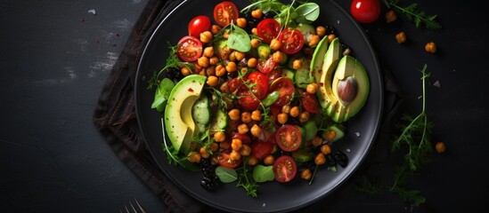 A top down view of a black plate containing a delicious salad with avocado roasted tomato greens and chickpeas There is also ample copy space in the image