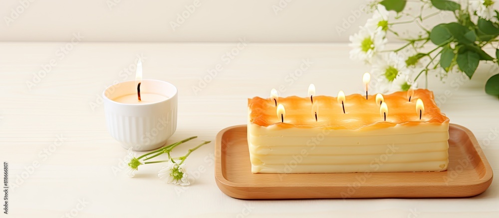 Poster a cute bento cake is showcased on a white wooden table adorned with delicious cream and flickering c