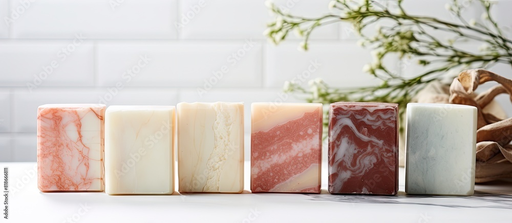 Aufkleber a copy space image of homemade soap blocks with a marble pattern placed on a white wooden surface