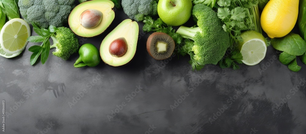 Poster copy space image of fresh and green vegetables and fruits including lettuce cucumbers green onions a